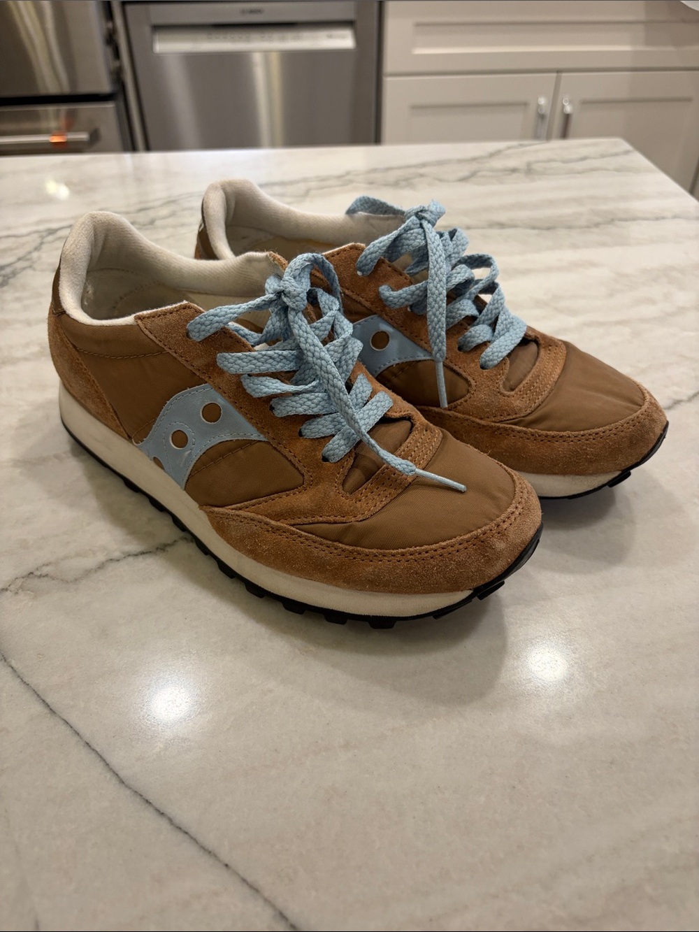 Saucony Women's Tan Suede Sneakers with Light Blue Accents